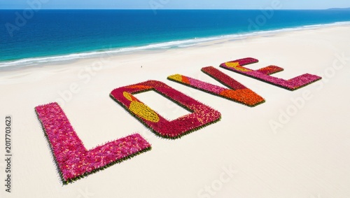 Floral 'LOVE' Art Installation on Sandy Beach