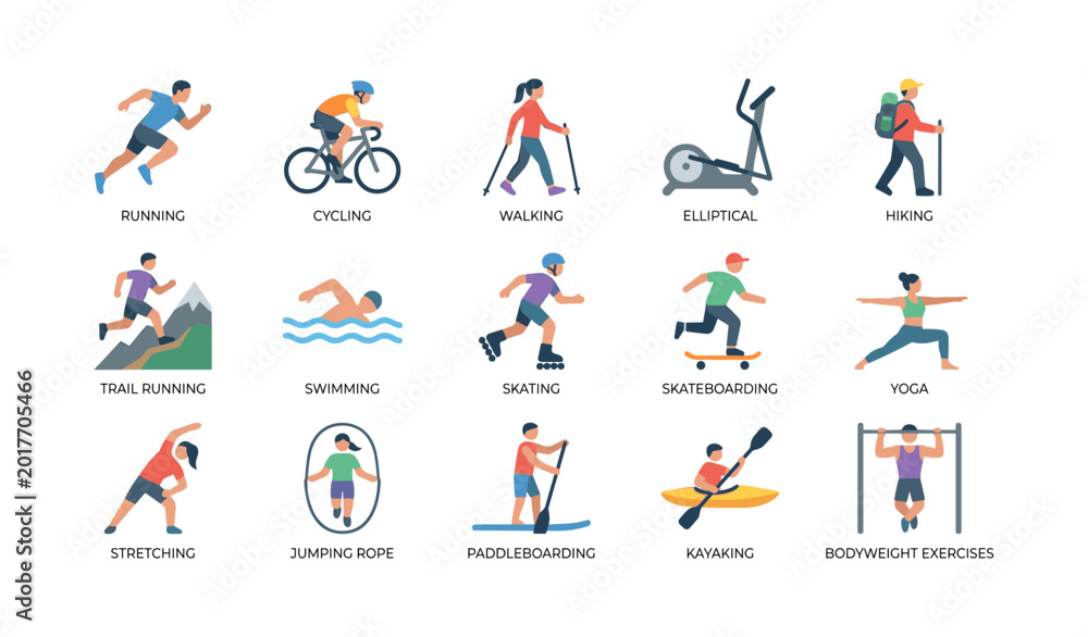 Fototapeta premium Fitness activity icons arranged in grid on white background