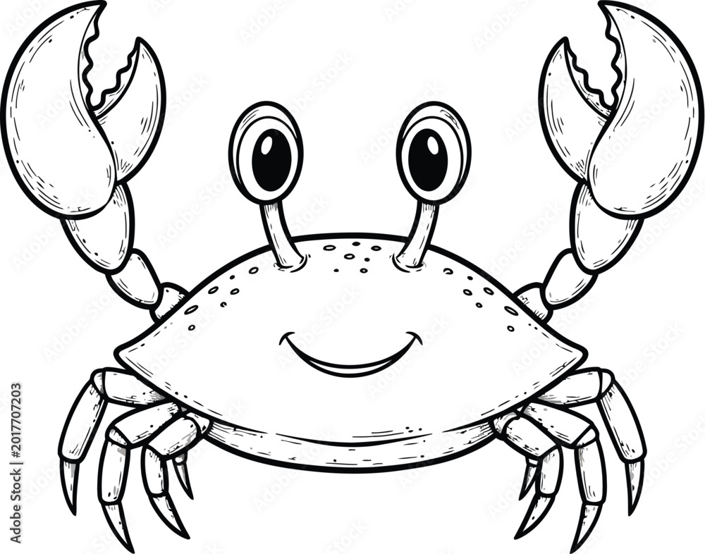 Fototapeta premium This black and white line art photo shows a friendly cartoon crab with large claws and a smiling face designed for kids and creative artistic projects.