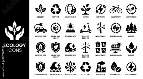 Energy saving icon set representing renewable energy, power efficiency, smart consumption, cost reduction. Eco  icon set vector illustration.
