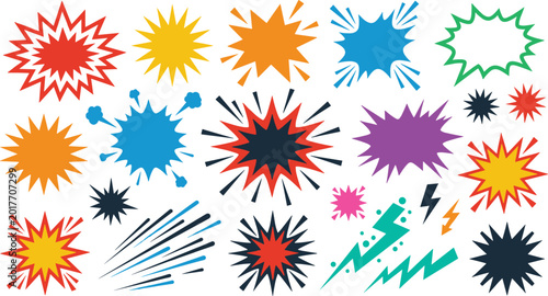 Photos Explosion speech bubbles and comic blast effect icons, burst and boom sound symb