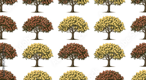Fotografía Seamless pattern background featuring a grid of identical trees with yellow and red autumn leaves for textile and wallpaper