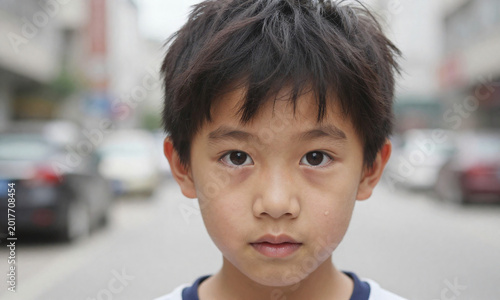 young asian boy messy black hair bright brown eyes looks camera mix curiosity mischief shallow depth