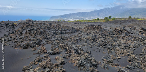 Εκτύπωση καμβά Black volcanic landscape with hardened lava formations and sparse vegetation on