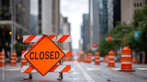 A bright orange 'CLOSED' sign on a construction barrier blocking a wet city street lined with traffic cones and tall buildings in the background.