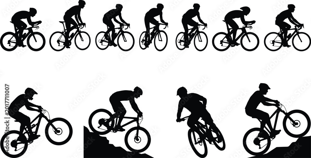 Obraz premium Set of black silhouettes featuring professional cyclists in action and mountain bikers navigating steep terrain isolated on white background