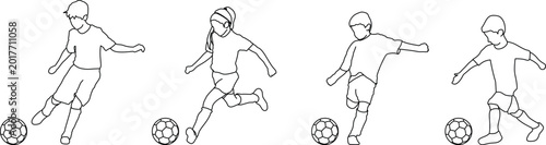 Set of children playing soccer, kids kicking a ball, editable stroke, vector, illustration