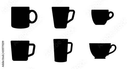 Slika na platnu Six Black Silhouette Coffee Cups and Mugs, Vector Icons for Beverage Service and