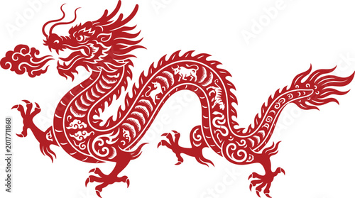 Foto Traditional red chinese dragon illustration with intricate decorative pattern mo
