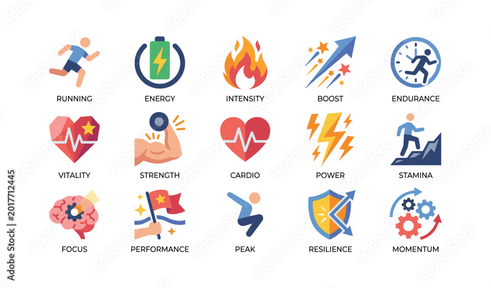 Fototapeta premium Fitness and performance icons depicting energy and endurance
