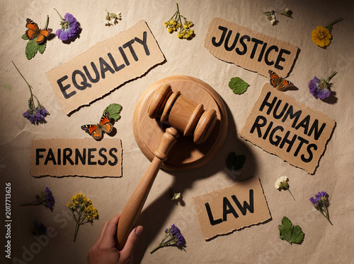 A top-down view of a wooden judge's gavel surrounded by dried flowers and handwritten signs for Equality, Justice, Human Rights, Law, and Fairness on a rustic paper background.