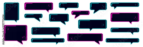 Set of neon pixel icons of speech bubbles. Retro 8 bit shapes in pixel art.