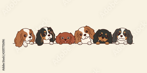 Cuadro en lienzo Cartoon cavalier King Charles Spaniels dogs peeking over edge colorful illustrat