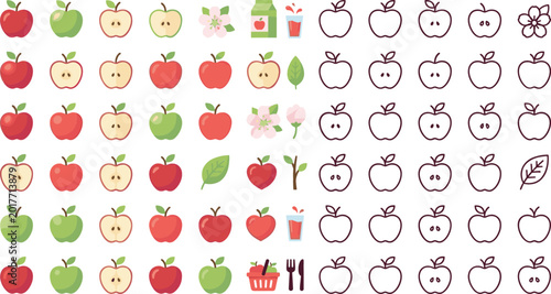 Quadro em tela Cute apple fruit icon collection with colorful whole sliced outline and decorative elements for healthy food branding isolated on white background