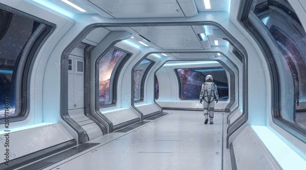 Obraz premium Astronaut walking down futuristic spaceship corridor with view of stars
