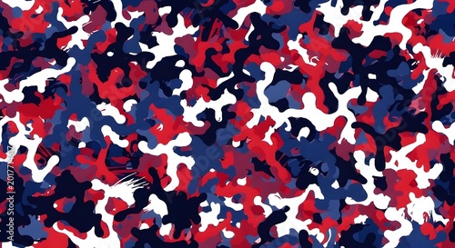 Patriotic camouflage seamless pattern, red white and blue military camo background, abstract urban camouflage texture for apparel and hunting gear