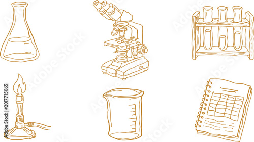 Tableau sur toile Hand-drawn doodle set of laboratory equipment including a microscope, erlenmeyer