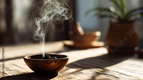 Wooden bowl emits fragrant smoke, soft light, other wooden objects. Focus on the aroma