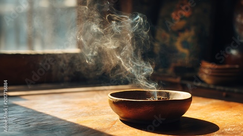 Close-up of a small, wooden bowl with smoke rising from it, by a sunlit window
