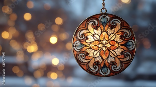 Close-up of ornate stained glass ornament with intricate patterns, soft bokeh background