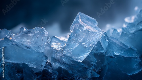 Close-up of translucent, jagged ice chunks with a blue and white gradient background