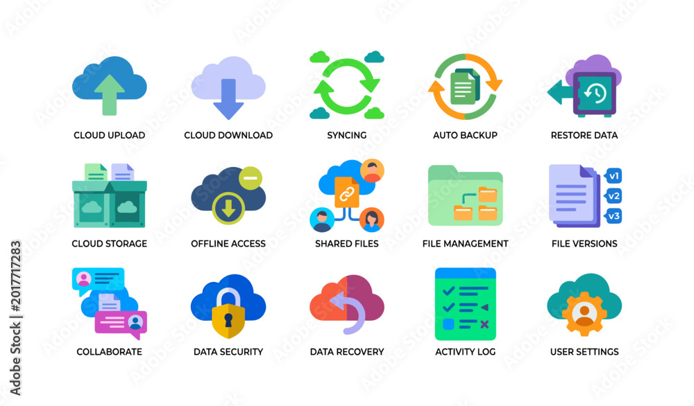 Fototapeta premium Cloud backup and file management icons showing sync and storage
