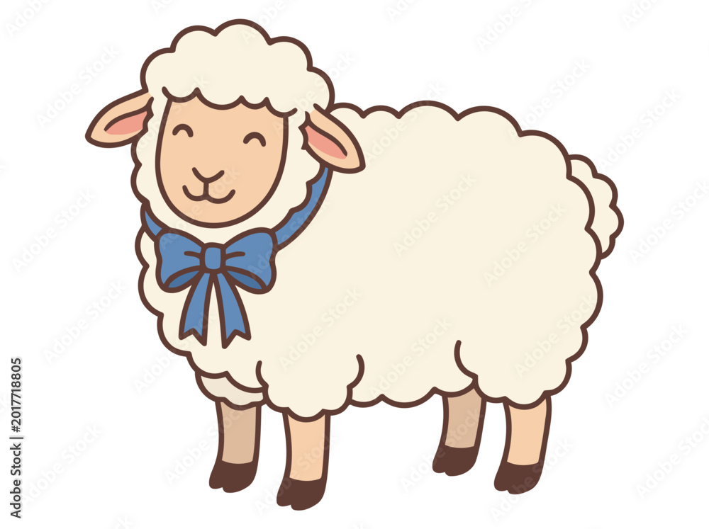 Obraz premium Cute cartoon sheep wearing a blue bow, celebrating Eid al-Adha. A charming illustration perfect for festive designs and marketing materials.