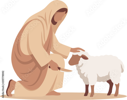 Foto Jesus kneels, gently touching a sheep with a knife