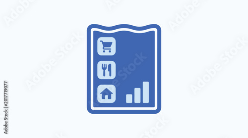 Icon of a digital tablet or menu board with shopping, dining, and home icons and a bar chart