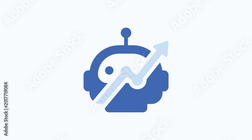 Blue robot head icon with a rising growth chart arrow symbol