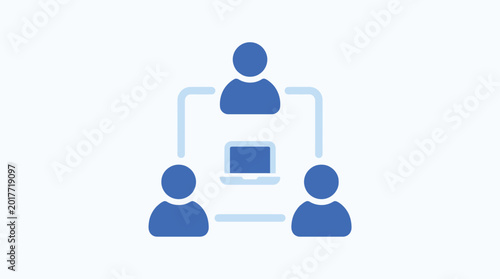 Business team collaboration icon, group of people connected to a laptop computer