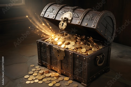 Open treasure chest overflowing with gold coins and sparkling light dramatic studio lighting