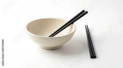 empty ceramic bowl with black chopsticks on white background