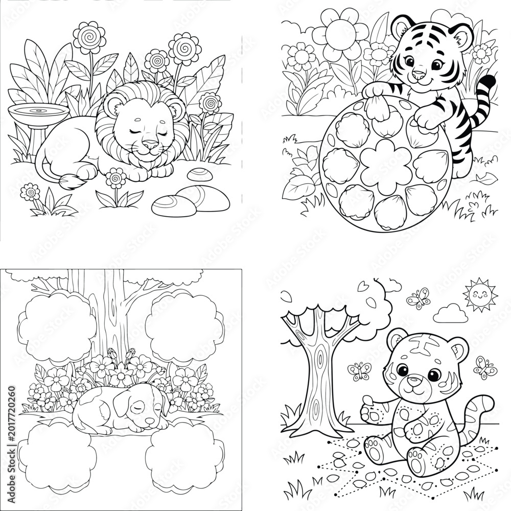 Fototapeta premium Set of four cute animal dot to dot activities for children with activity educational coloring children