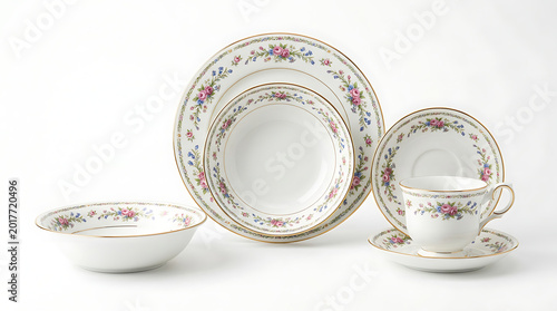 Elegant floral china dinnerware set with plates and cup