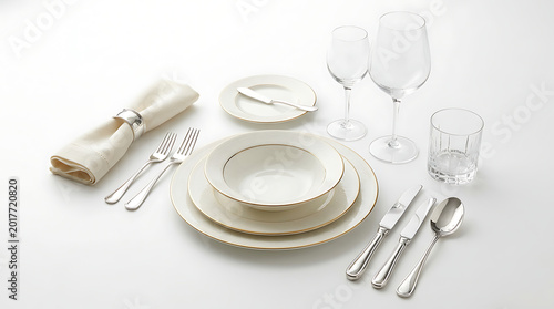 elegant table setting with white dinnerware and silverware