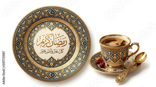 Ramadan Mubarak traditional Arabic coffee cup and plate