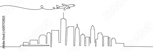 Continuous line drawing of airplane flying and cityscape with skyscrapers.