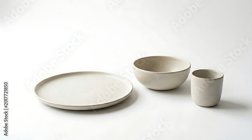 simple ceramic plate bowl and cup on white background