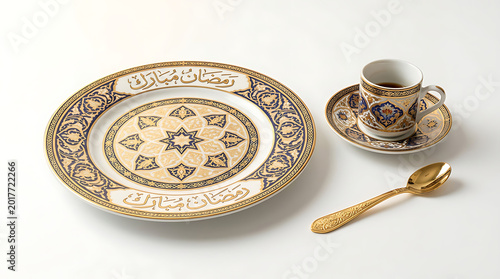 golden plate and cup with saucer and spoon