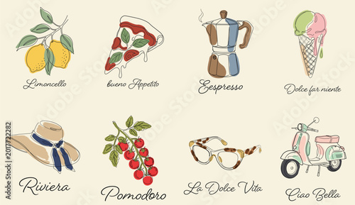 Schilderij op canvas Minimalist Italian Summer Line Art Vector Set