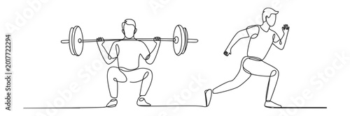 Man exercising with barbell and running. continuous one line drawing sportsman.