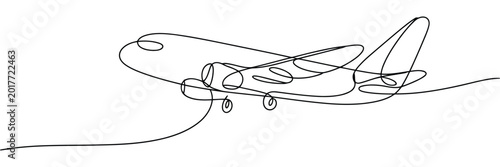 Single line drawing of airplane in flight, abstract aviation and travel concept.
