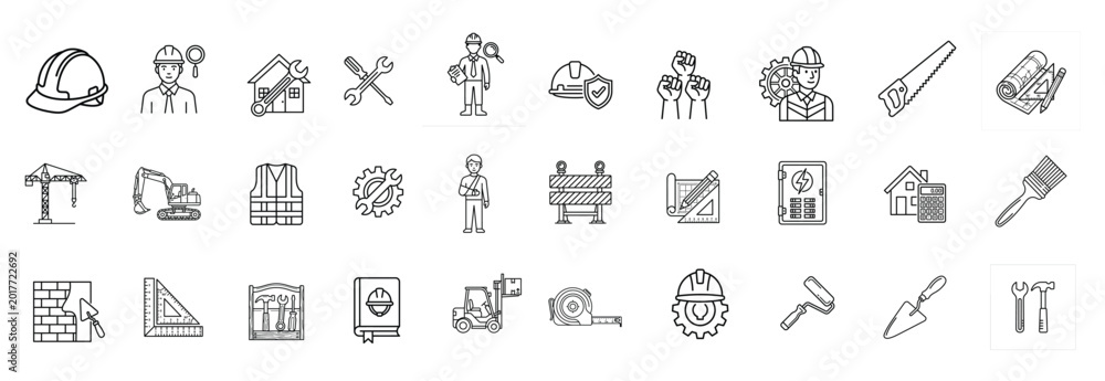 Fototapeta premium Construction and Engineering Line Art Icon Set – Building, Tools, and Safety Symbols
