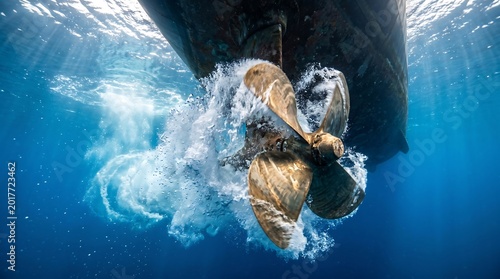 Underwater Boat Propeller Generating Powerful Propulsion System, Symbolizing Marine Engineering, Efficiency, and Dynamic Oceanic Travel for Advertising Innovation and Technology.