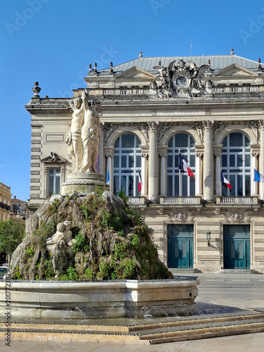 Comedy square in Montpellier, its opera and the three graces fountain, France