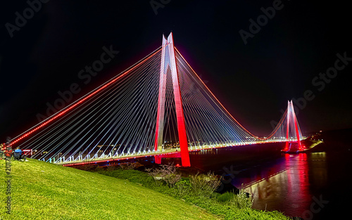 A night view from the Yavuz Sultan Selim Bridge in Istanbul, Turkey.