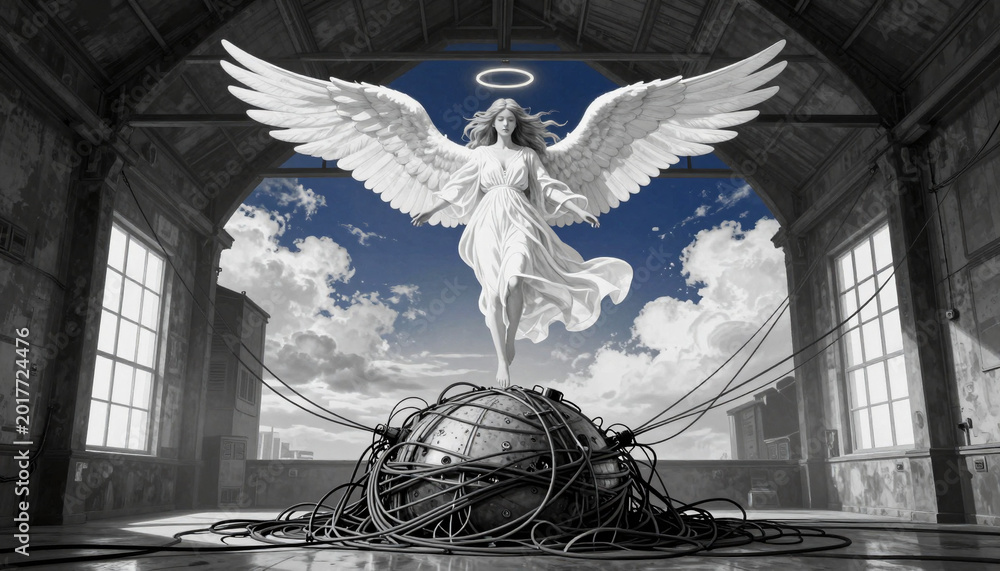 Fototapeta premium Serene Angel with Wings Over Abandoned Industrial Hall with Metallic Sphere