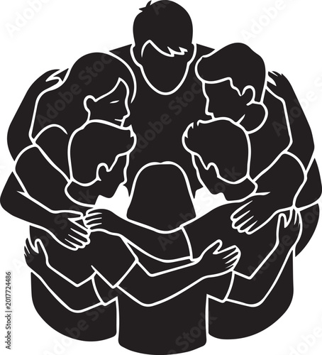 Loving Friends Group in a Circular Group Hug Silhouettes