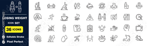 Losing weight icon set, fitness and healthy lifestyle line art symbols